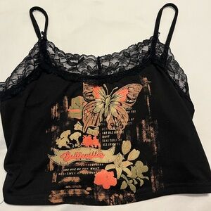 Shein, size small tank top, cropped, black with design